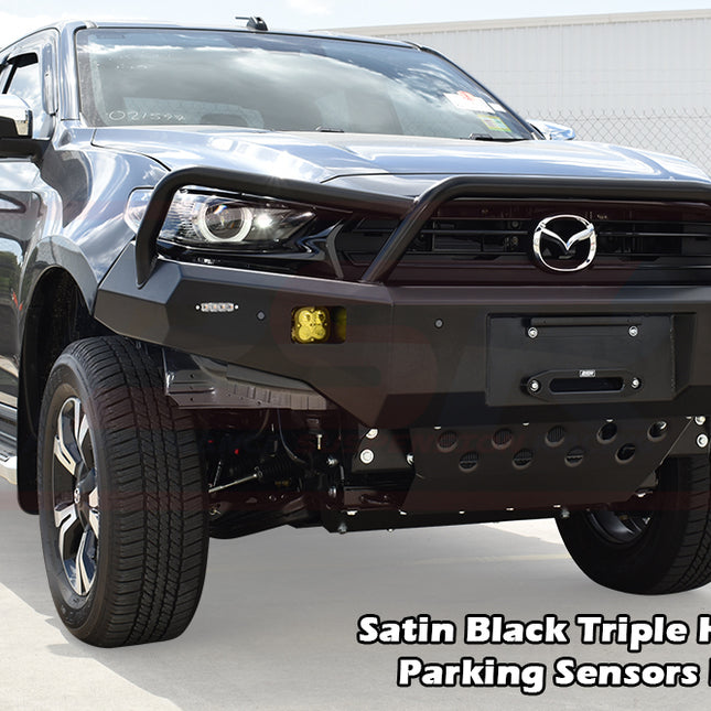 Mazda BT-50 TF 21-ON Ambush Satin Black Triple Hoop Bullbar with Factory Parking Sensors