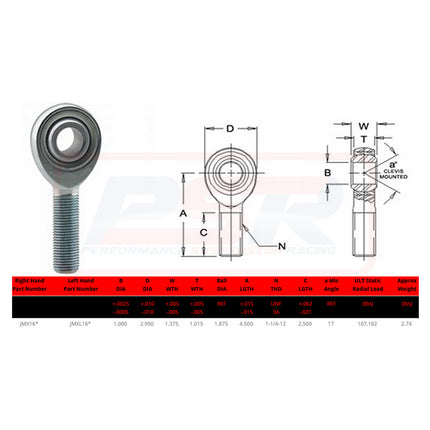 FK Rod Ends 1-1/4" Right Hand Thread 1" Hole JMX16T PTFE Coated Chromoly Heim Joint F2 Fit
